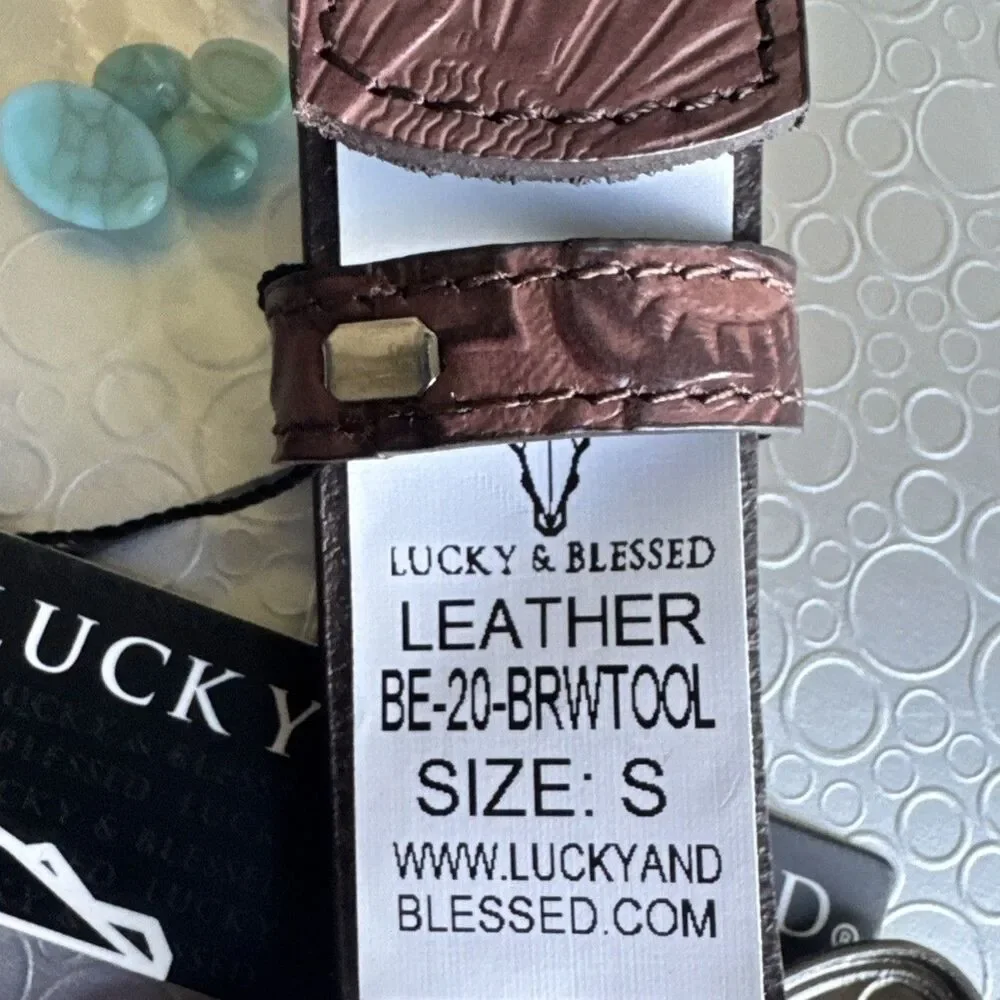 NWT Lucky & Blessed Turquoise Concho Tool Leather Belt - S Runs Bigger Dust Bag